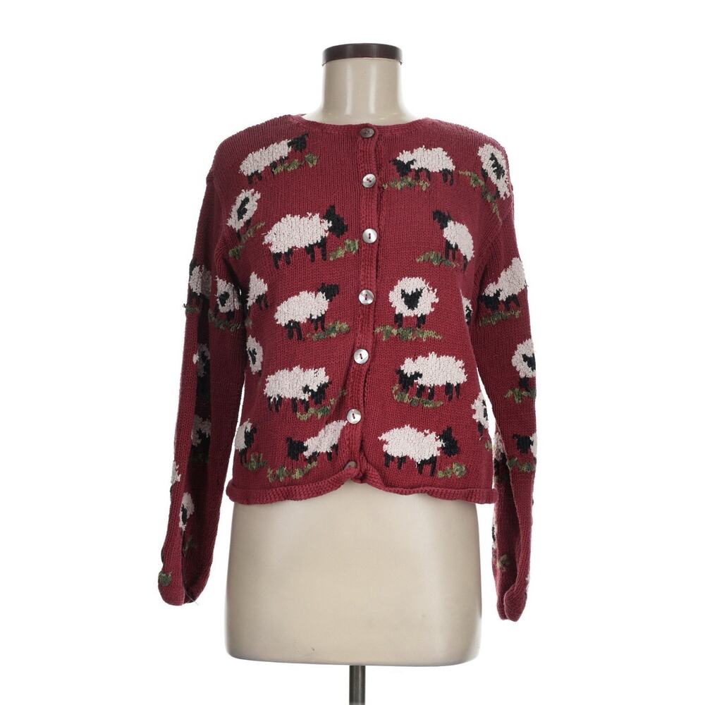 VTG Talbots Red Sheep Cotton Cardigan Sweater Medium Petite - Picture 1 of 4